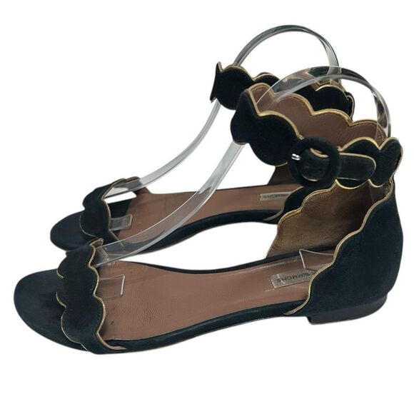 Tabitha Simmons Black Suede Scallop Strap Sandals Leather Gold Trim Size 36 - Picture 4 of 11
